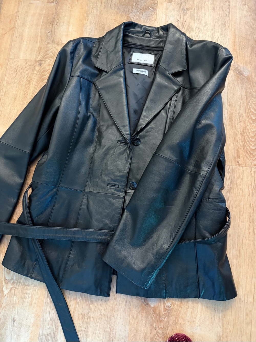 Wilson Vintage Black Leather Belted Blazer Jacket removable lining